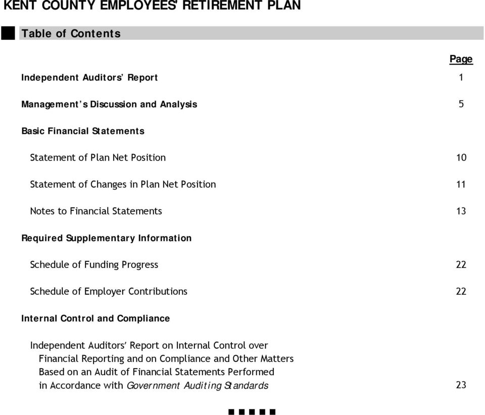Information Schedule of Funding Progress 22 Schedule of Employer Contributions 22 Internal Control and Compliance Independent Auditors Report on Internal
