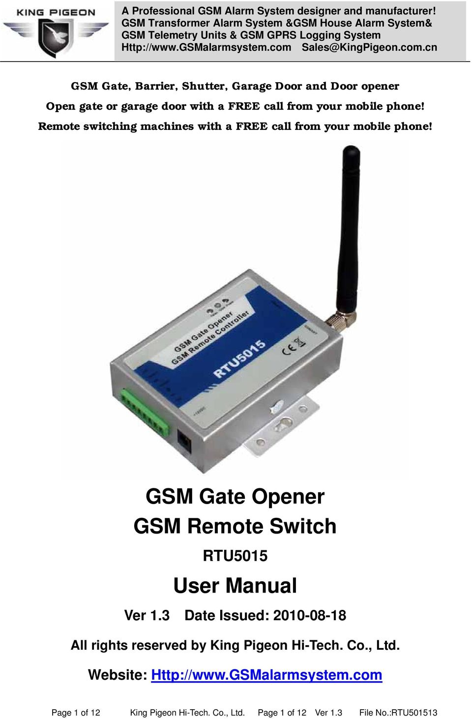 GSM Gate Opener GSM Remote Switch RTU5015 User Manual Ver 1.