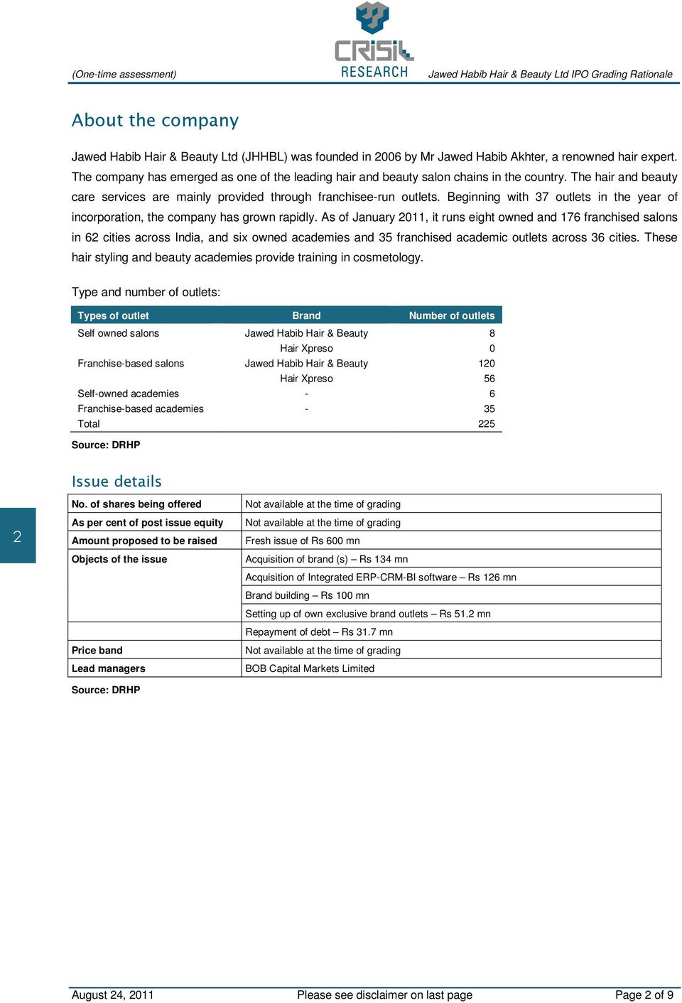 Jawed Habib Hair & Beauty Ltd IPO Grading Rationale. CRISIL IPO Grade 2/5  (Below average) - PDF Free Download