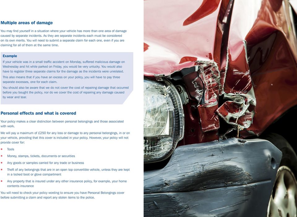 Example If your vehicle was in a small traffic accident on Monday, suffered malicious damage on Wednesday and hit while parked on Friday, you would be very unlucky.