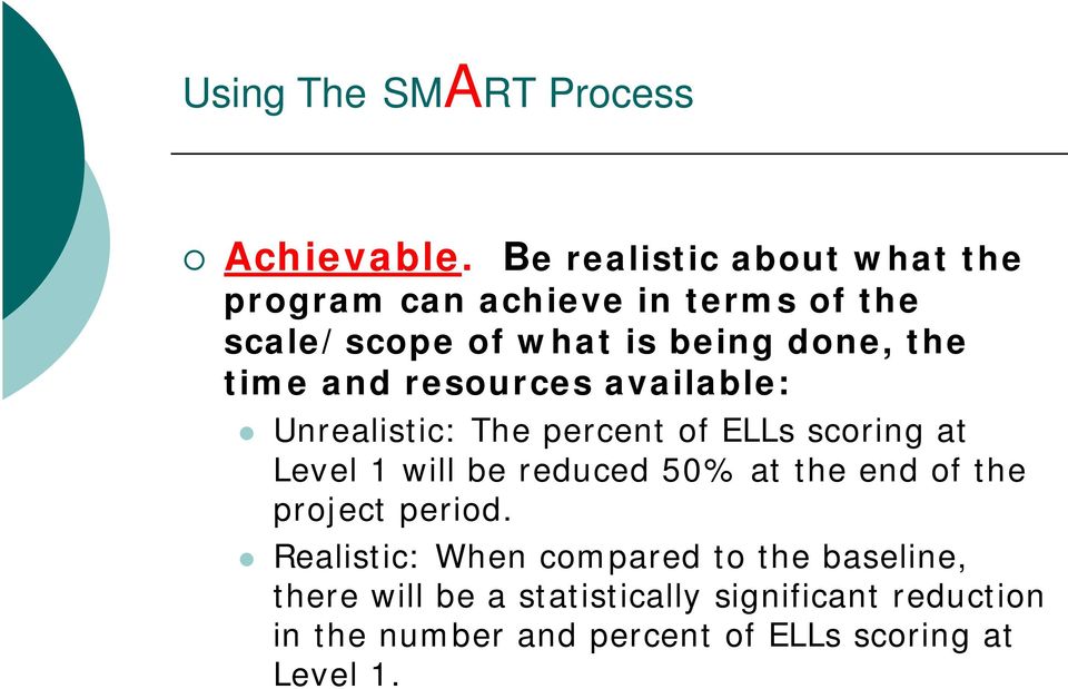 time and resources available: Unrealistic: The percent of ELLs scoring at Level 1 will be reduced 50% at