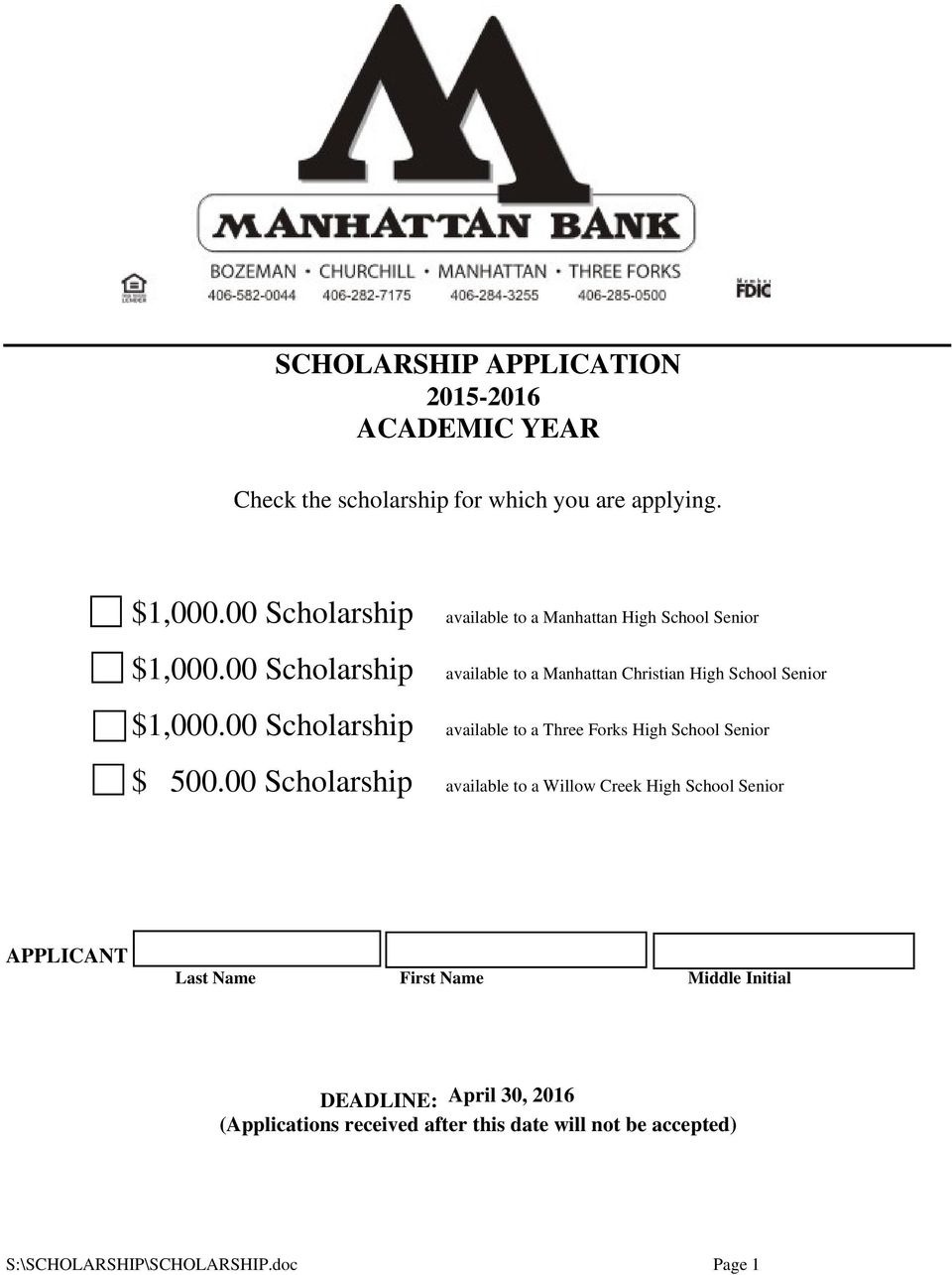 00 Scholarship available to a Manhattan Christian High School Senior $1,000.