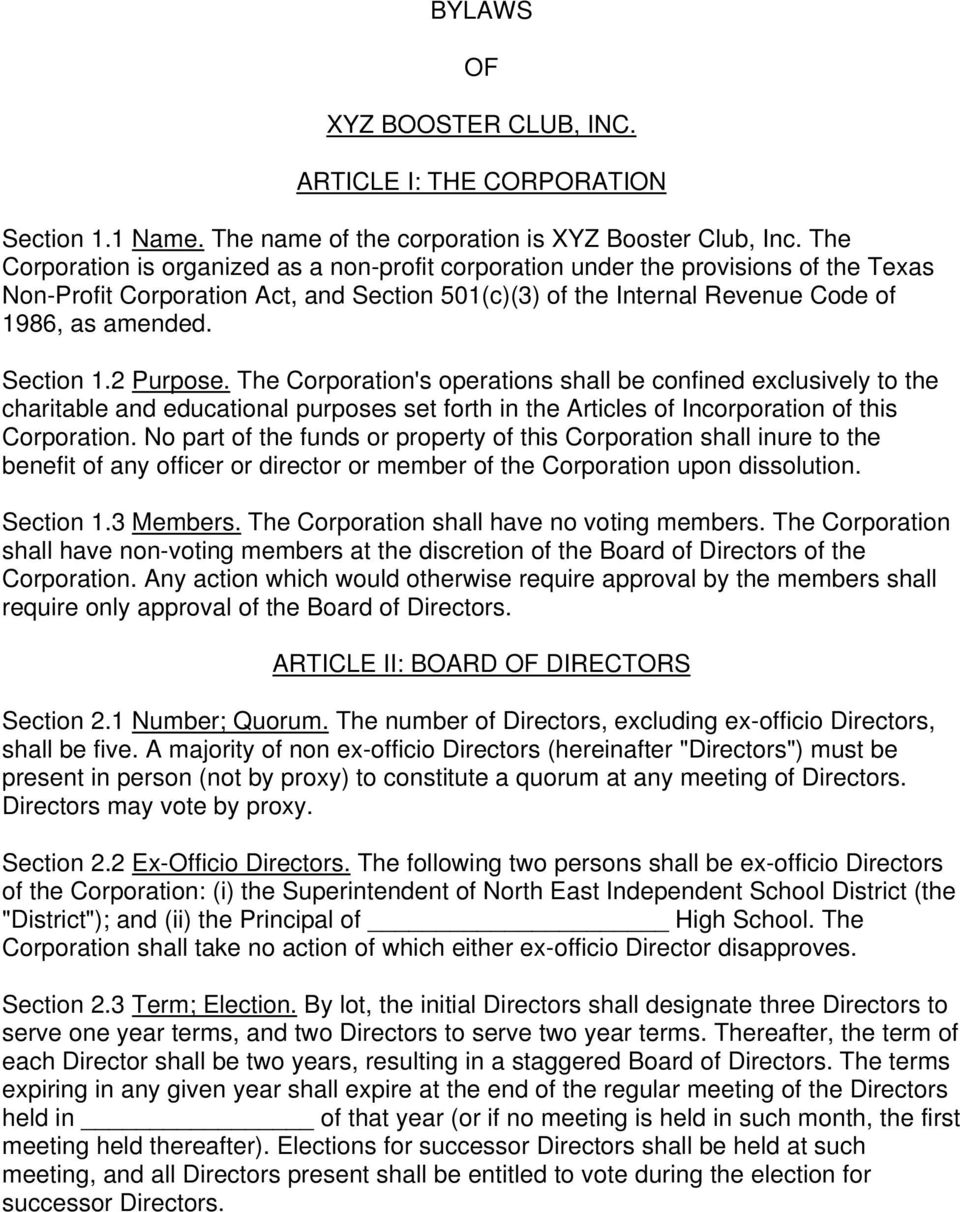 Sample Articles Of Incorporation Xyz Booster Club Inc Article I