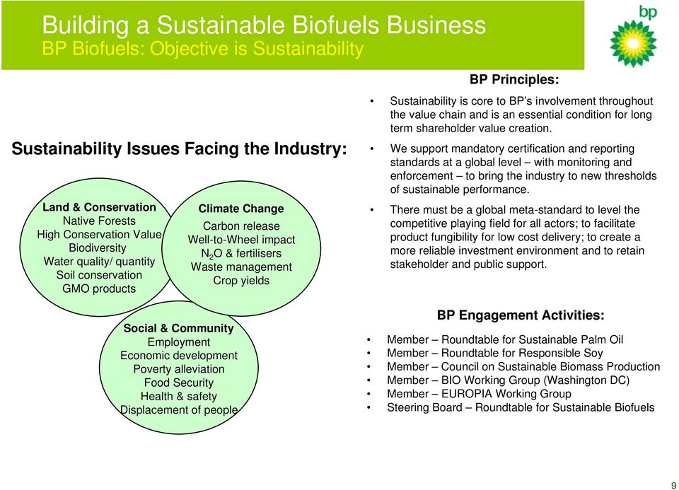 Health & safety Displacement of people BP Principles: Sustainability is core to BP s involvement throughout the value chain and is an essential condition for long term shareholder value creation.