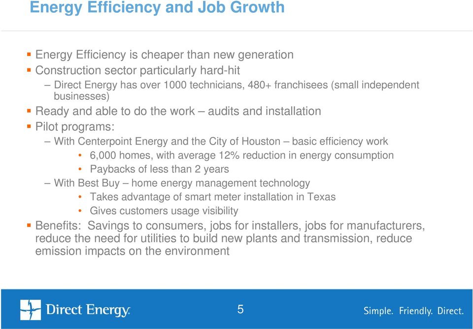 reduction in energy consumption Paybacks of less than 2 years With Best Buy home energy management technology Takes advantage of smart meter installation in Texas Gives customers usage