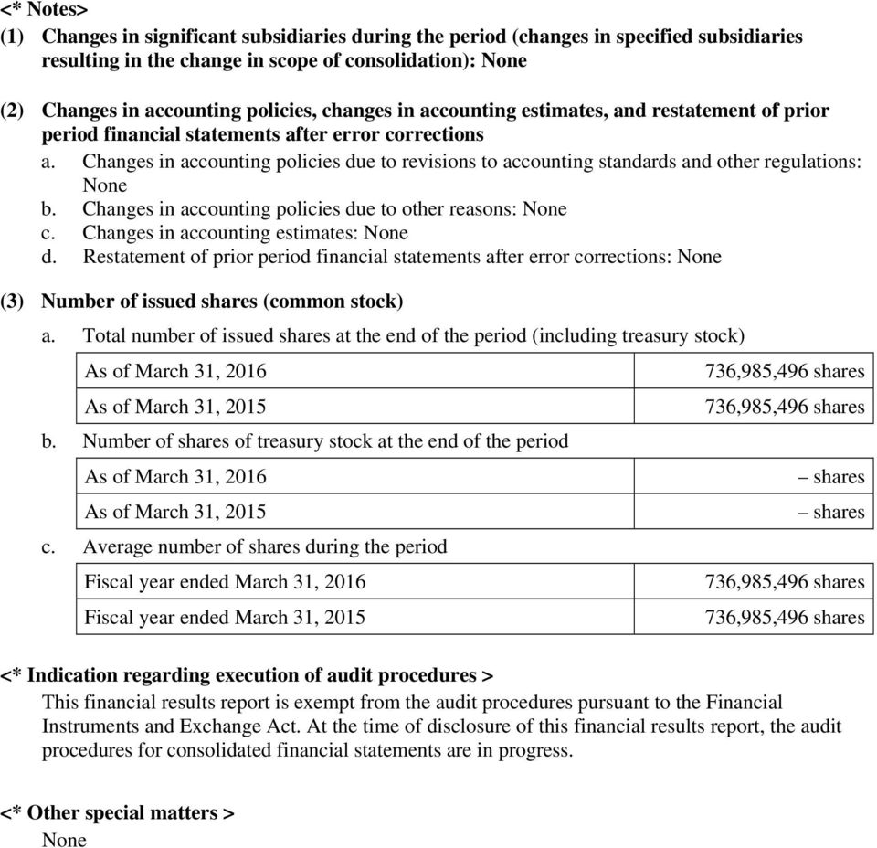 Changes in accounting policies due to revisions to accounting standards and other regulations: None b. Changes in accounting policies due to other reasons: None c.