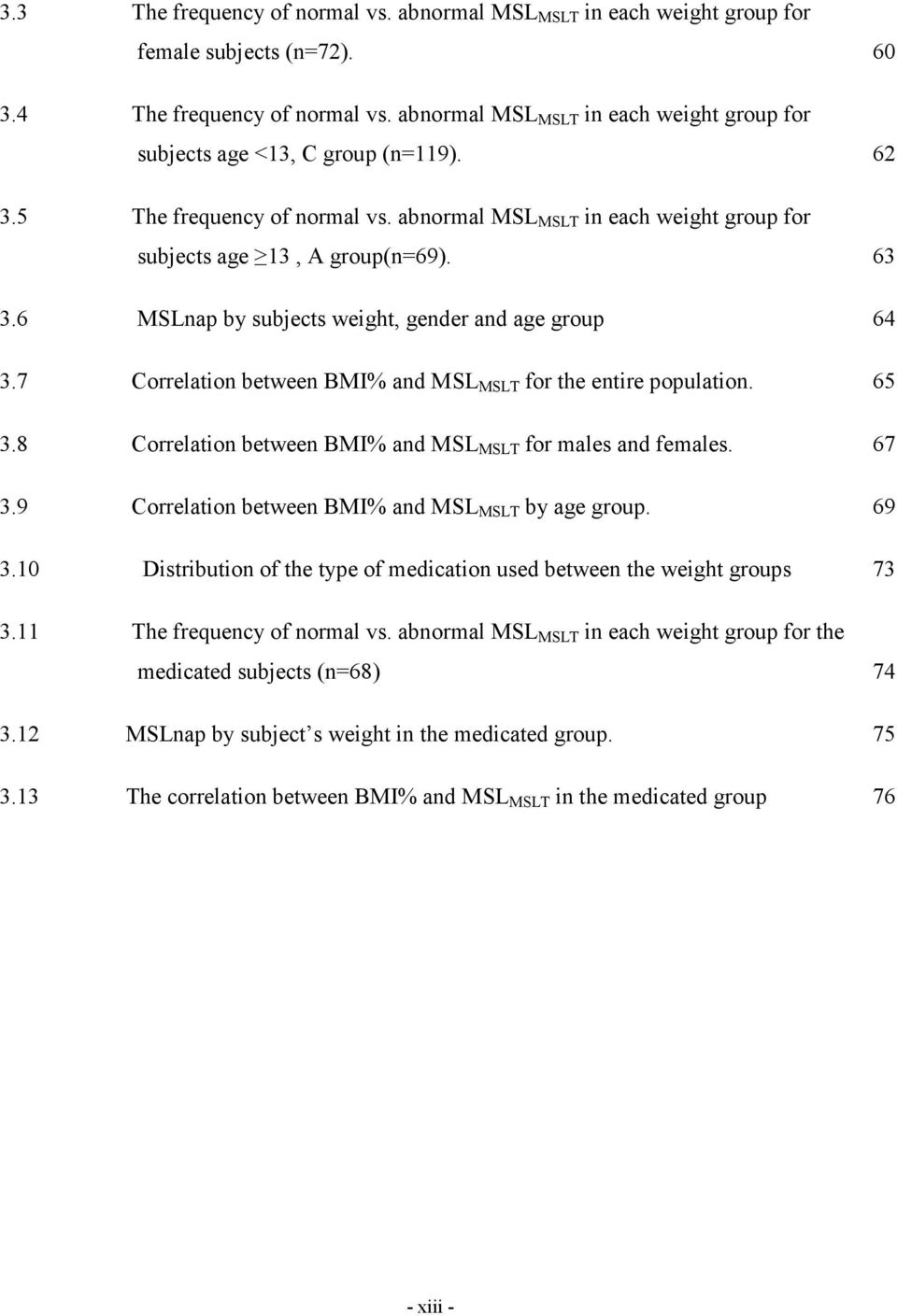 6 MSLnap by subjects weight, gender and age group 64 3.7 Correlation between BMI% and MSL MSLT for the entire population. 65 3.8 Correlation between BMI% and MSL MSLT for males and females. 67 3.
