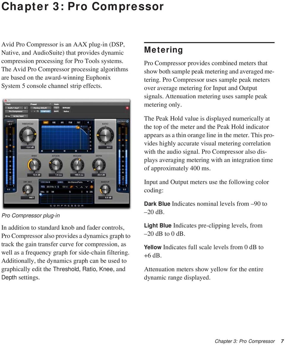 Metering Pro Compressor provides combined meters that show both sample peak metering and averaged metering. Pro Compressor uses sample peak meters over average metering for Input and Output signals.