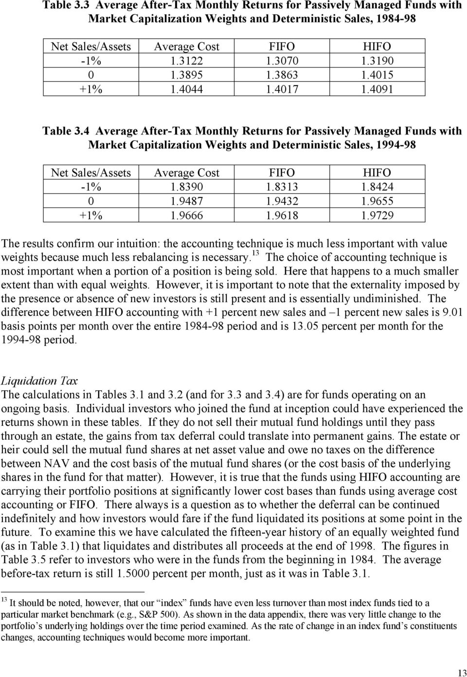 4 Average Afer-Tax Monhly Reurns for Passively Managed Funds wih Marke Capializaion Weighs and Deerminisic Sales, 1994-98 Ne Sales/Asses Average Cos FIFO HIFO -1% 1.8390 1.8313 1.8424 0 1.9487 1.