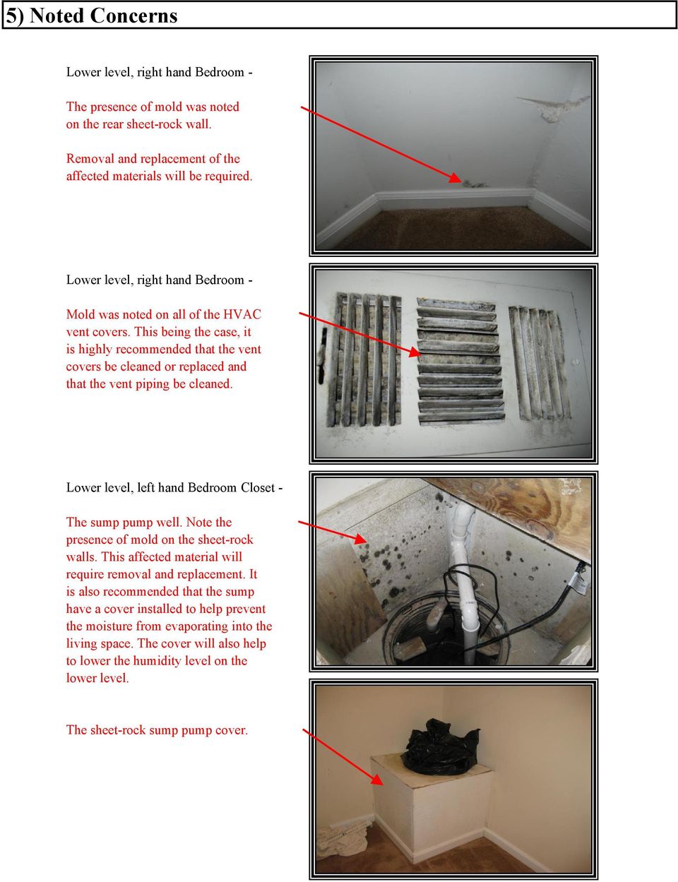 This being the case, it is highly recommended that the vent covers be cleaned or replaced and that the vent piping be cleaned. Lower level, left hand Bedroom Closet - The sump pump well.