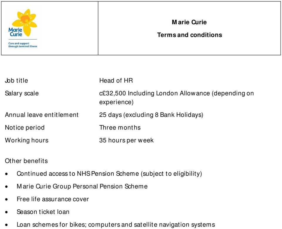 week Other benefits Continued access to NHS Pension Scheme (subject to eligibility) Marie Curie Group Personal