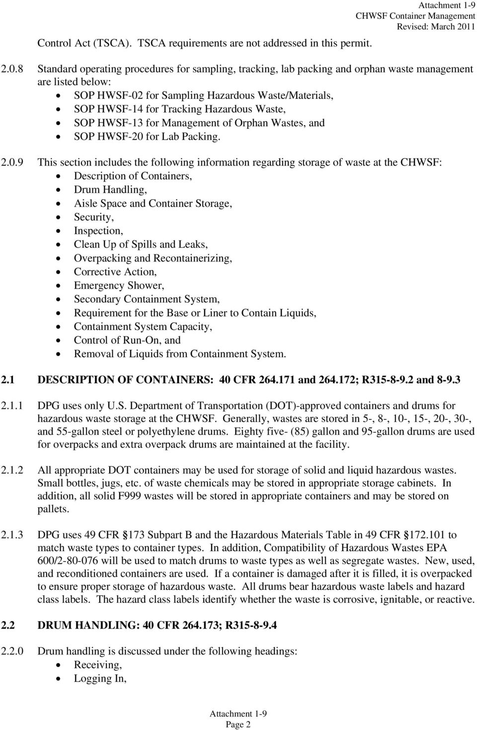 Hazardous Waste, SOP HWSF-13 for Management of Orphan Wastes, and SOP HWSF-20 