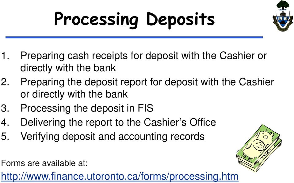 Preparing the deposit report for deposit with the Cashier or directly with the bank 3.