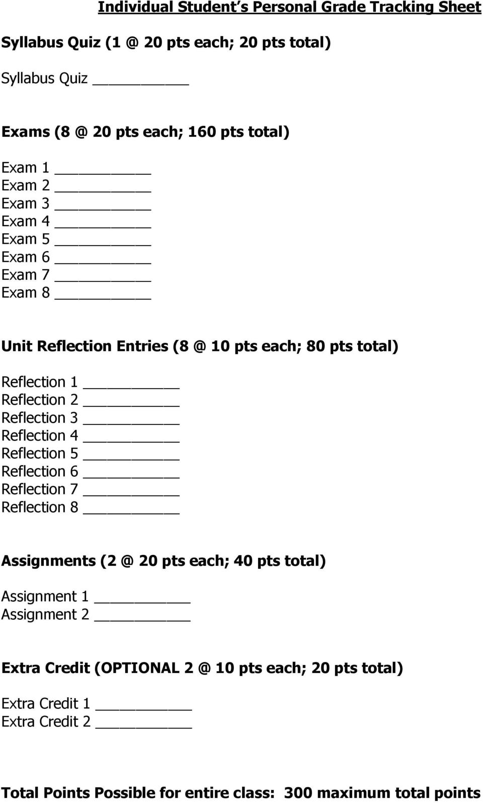 Reflection 3 Reflection 4 Reflection 5 Reflection 6 Reflection 7 Reflection 8 Assignments (2 @ 20 pts each; 40 pts total) Assignment 1 Assignment