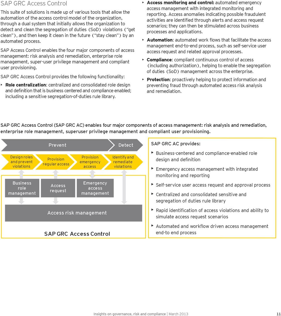SAP Access Control enables the four major components of access management: risk analysis and remediation, enterprise role management, super-user privilege management and compliant user provisioning.