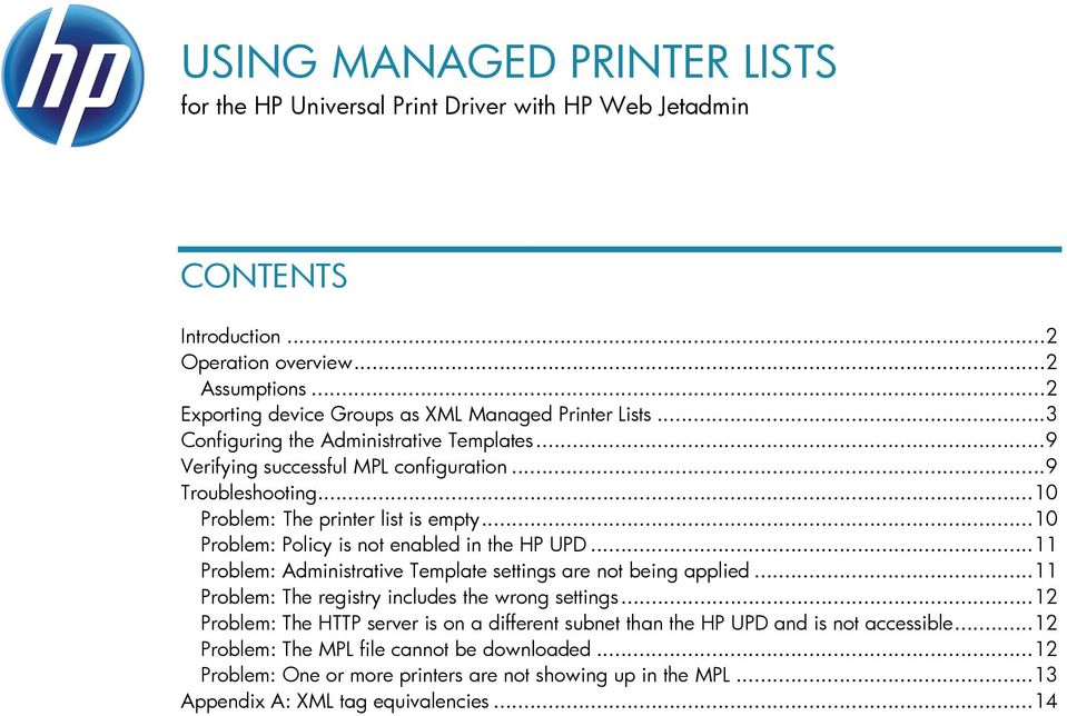 .. 10 Problem: The printer list is empty... 10 Problem: Policy is not enabled in the HP UPD... 11 Problem: Administrative Template settings are not being applied.