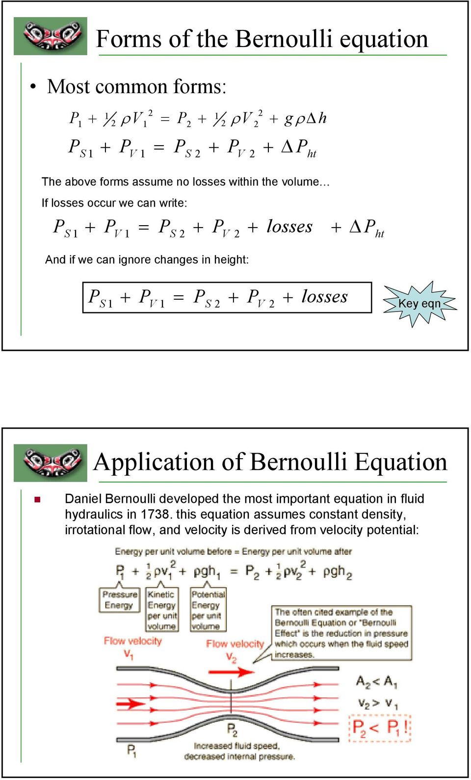 S + V = S + V + losses Key eqn Application of Bernoulli Equation Daniel Bernoulli developed the most important equation in