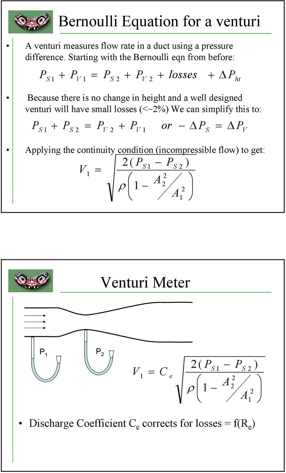 small losses (<~%) We can simplify this to: Applying the continuity condition (incompressible flow) to get: ht V S V S