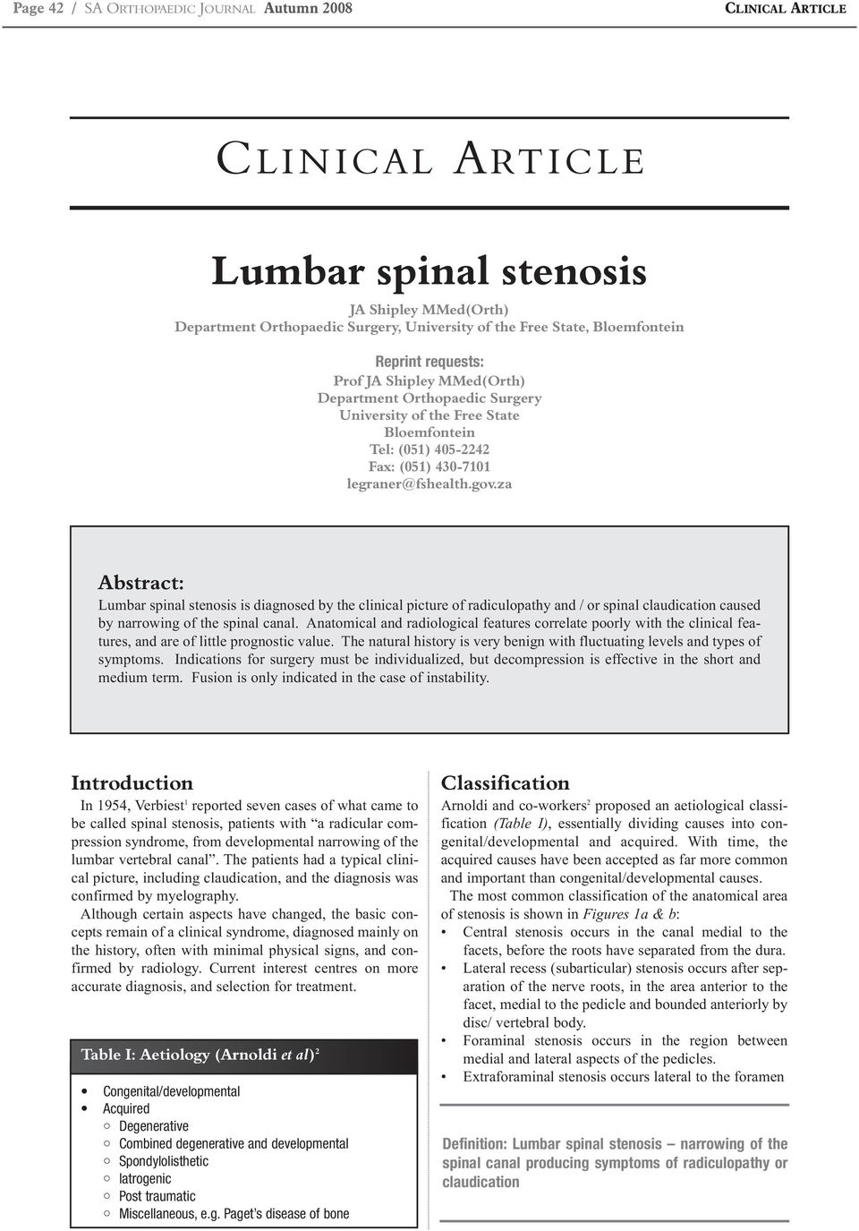 lumbar spinal stenosis ja shipley mmed(orth) department orthopaedic