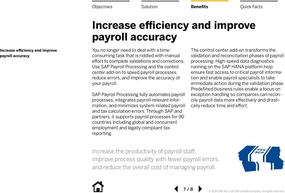 SAP Payroll Processing fully automates payroll processes, integrates payroll-relevant information, and minimizes system-related payroll and tax calculation errors.