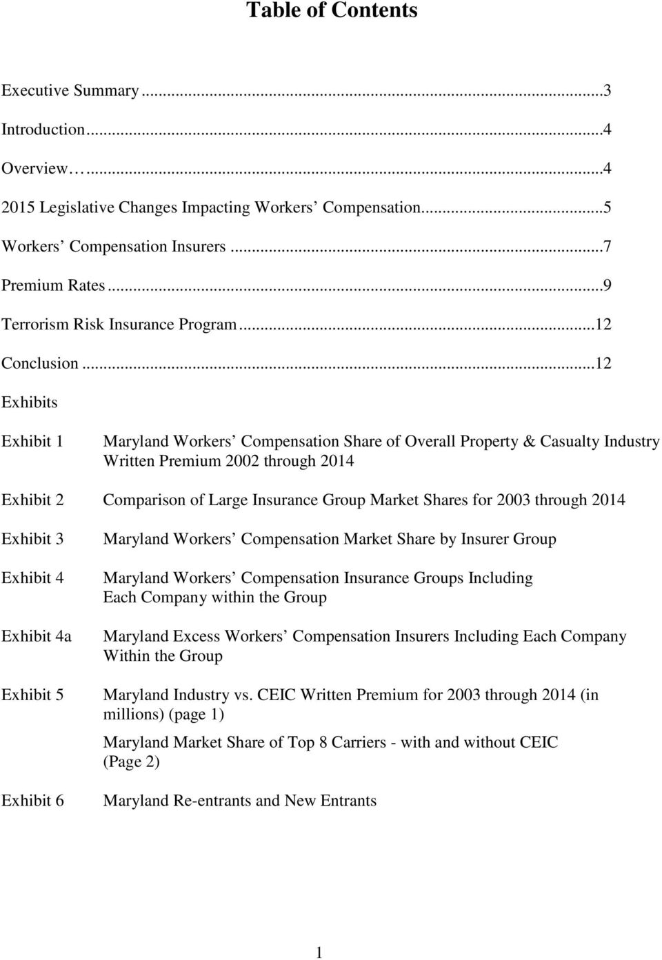 ..12 Exhibits Exhibit 1 Maryland Workers Compensation Share of Overall Property & Casualty Industry Written Premium 2002 through 2014 Exhibit 2 Comparison of Large Insurance Group Market Shares for