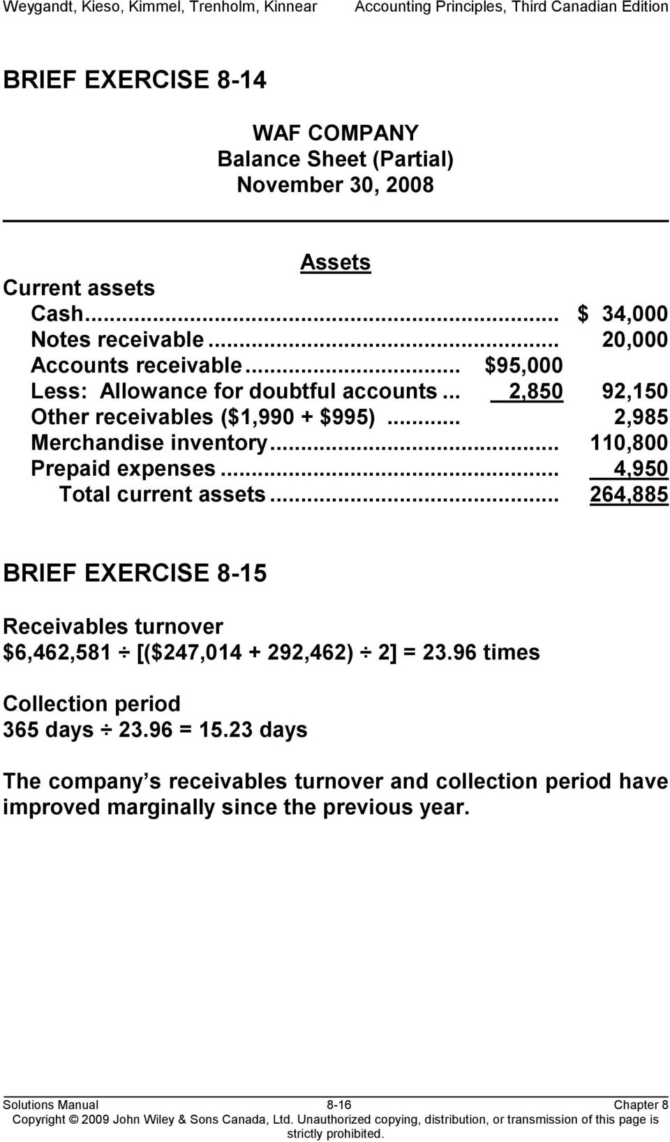 .. 4,950 4 Total current assets... 264,885 BRIEF EXERCISE 8-15 Receivables turnover $6,462,581 [($247,014 + 292,462) 2] = 23.