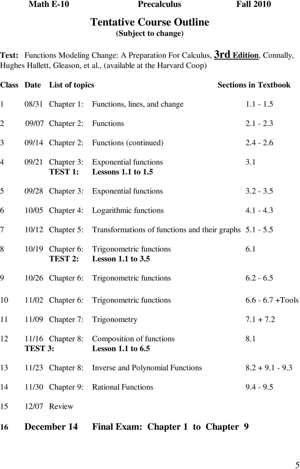 3 3 09/14 Chapter 2: Functions (continued) 2.4-2.6 4 09/21 Chapter 3: Exponential functions 3.1 TEST 1: Lessons 1.1 to 1.5 5 09/28 Chapter 3: Exponential functions 3.2-3.