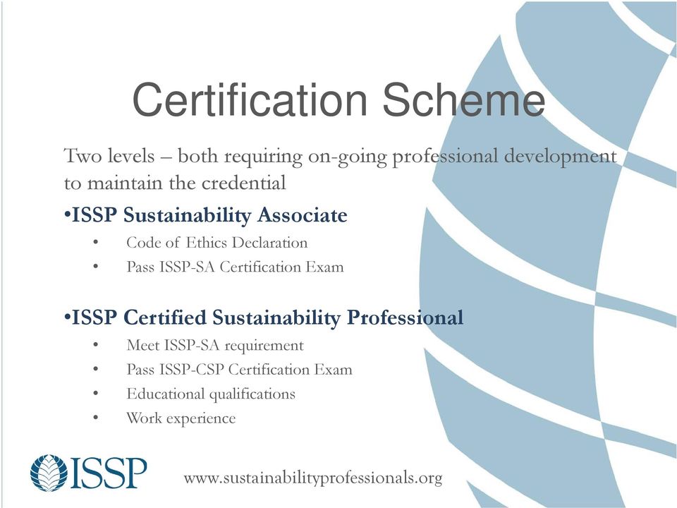Certification Exam ISSP Certified Sustainability Professional Meet ISSP-SA requirement Pass