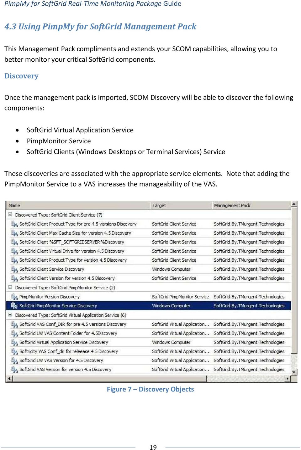 Discovery Once the management pack is imported, SCOM Discovery will be able to discover the following components: SoftGrid Virtual Application Service