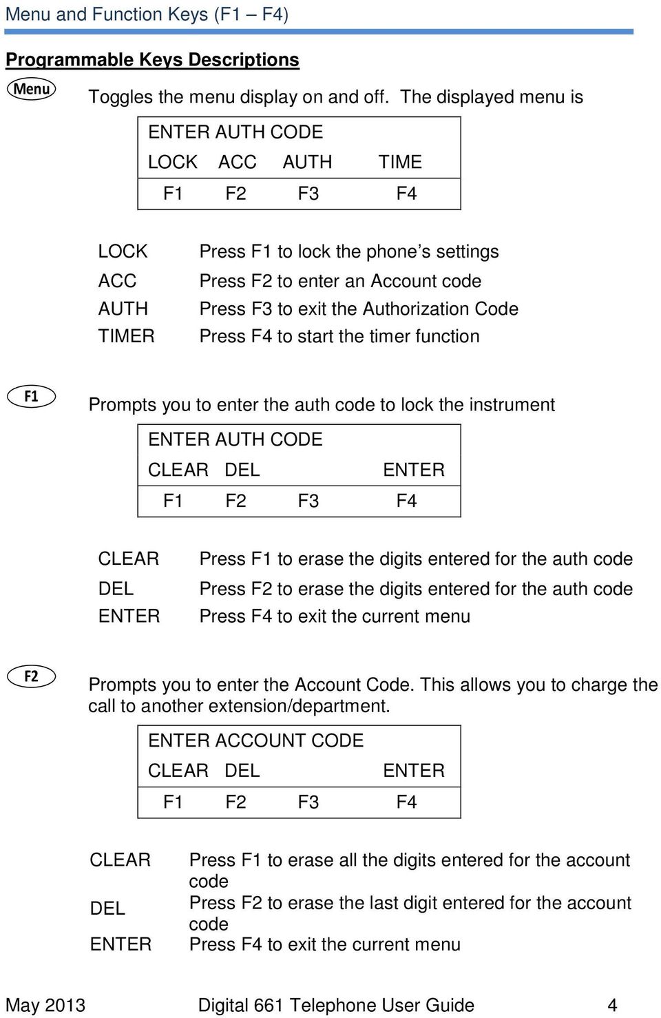 Code Press F4 to start the timer function F1 Prompts you to enter the auth code to lock the instrument ENTER AUTH CODE CLEAR DEL ENTER F1 F2 F3 F4 CLEAR DEL ENTER Press F1 to erase the digits entered