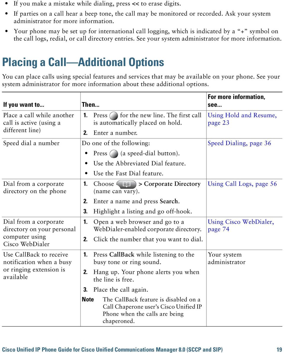 Placing a Call Additional Options You can place calls using special features and services that may be available on your phone.