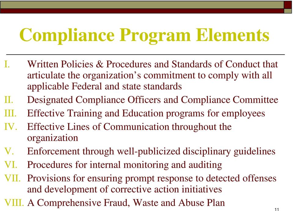 Designated Compliance Officers and Compliance Committee III. Effective Training and Education programs for employees IV.