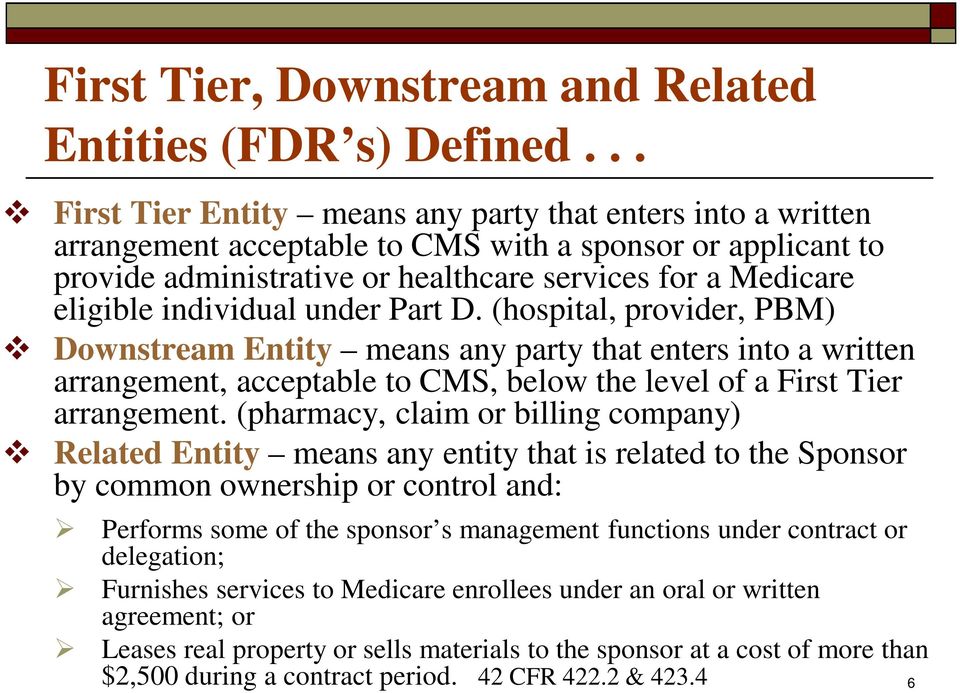 individual under Part D. (hospital, provider, PBM) Downstream Entity means any party that enters into a written arrangement, acceptable to CMS, below the level of a First Tier arrangement.
