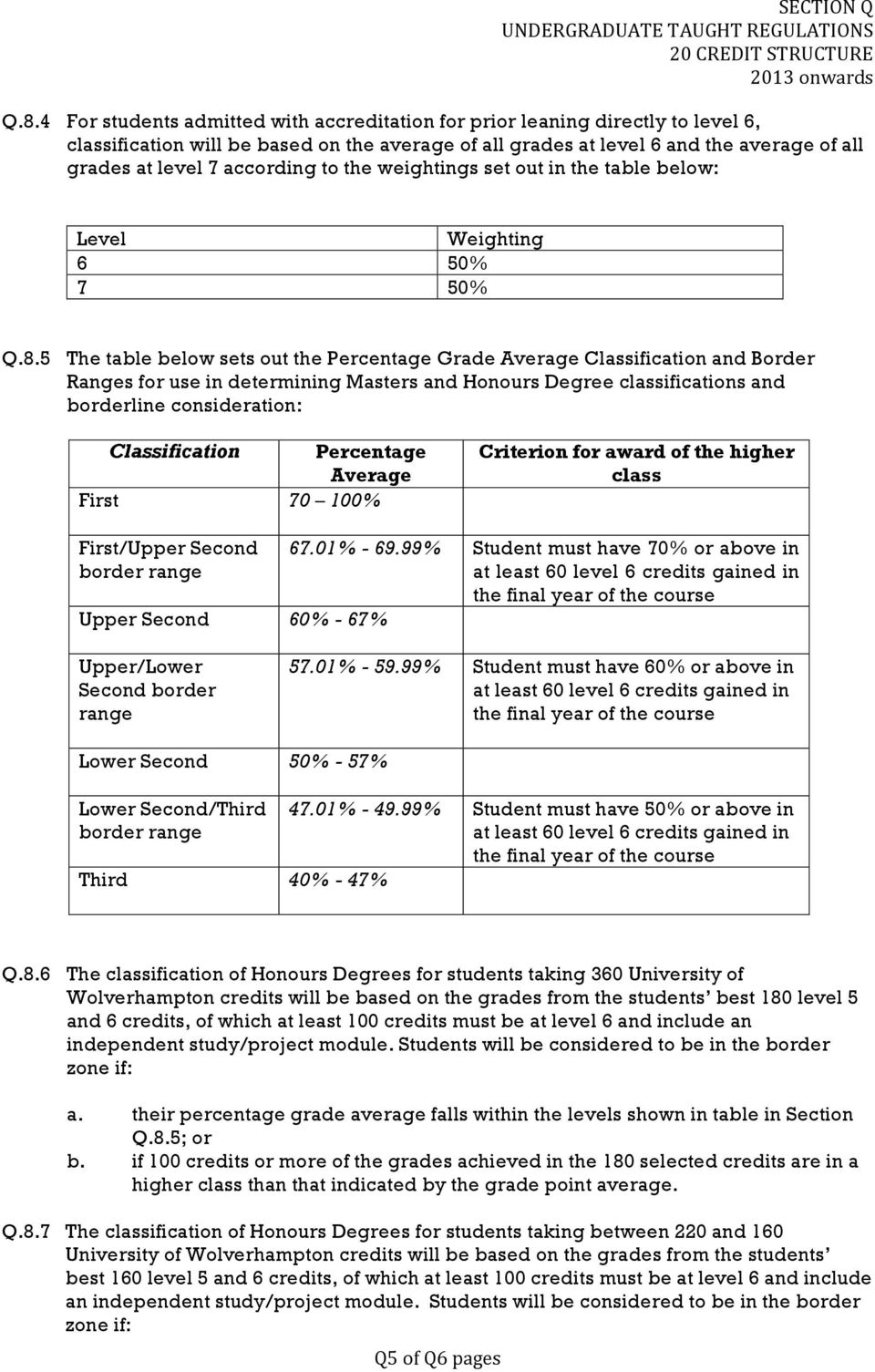 5 The table below sets out the Percentage Grade Average Classification and Border Ranges for use in determining Masters and Honours Degree classifications and borderline consideration: Classification