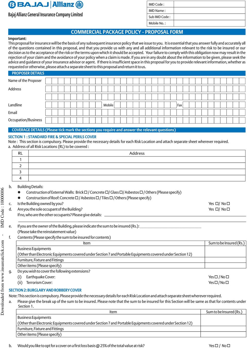 Commercial Package Policy Proposal Form Pdf Free Download