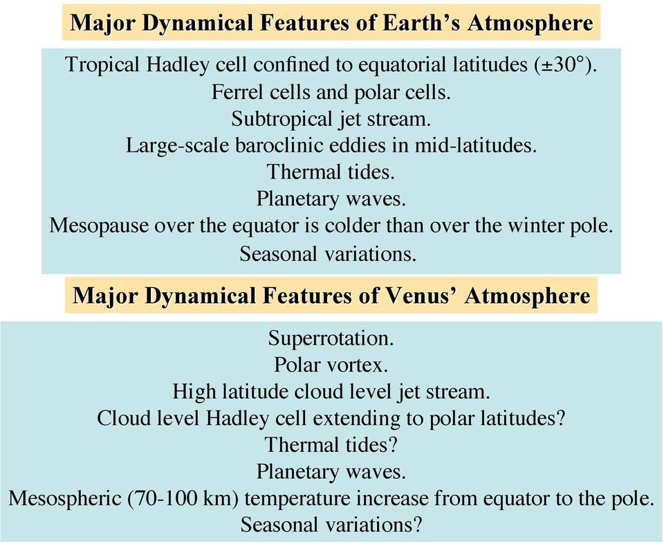 Mesopause over the equator is colder than over the winter pole. Seasonal variations. Major Dynamical Features of Venus Atmosphere Superrotation.