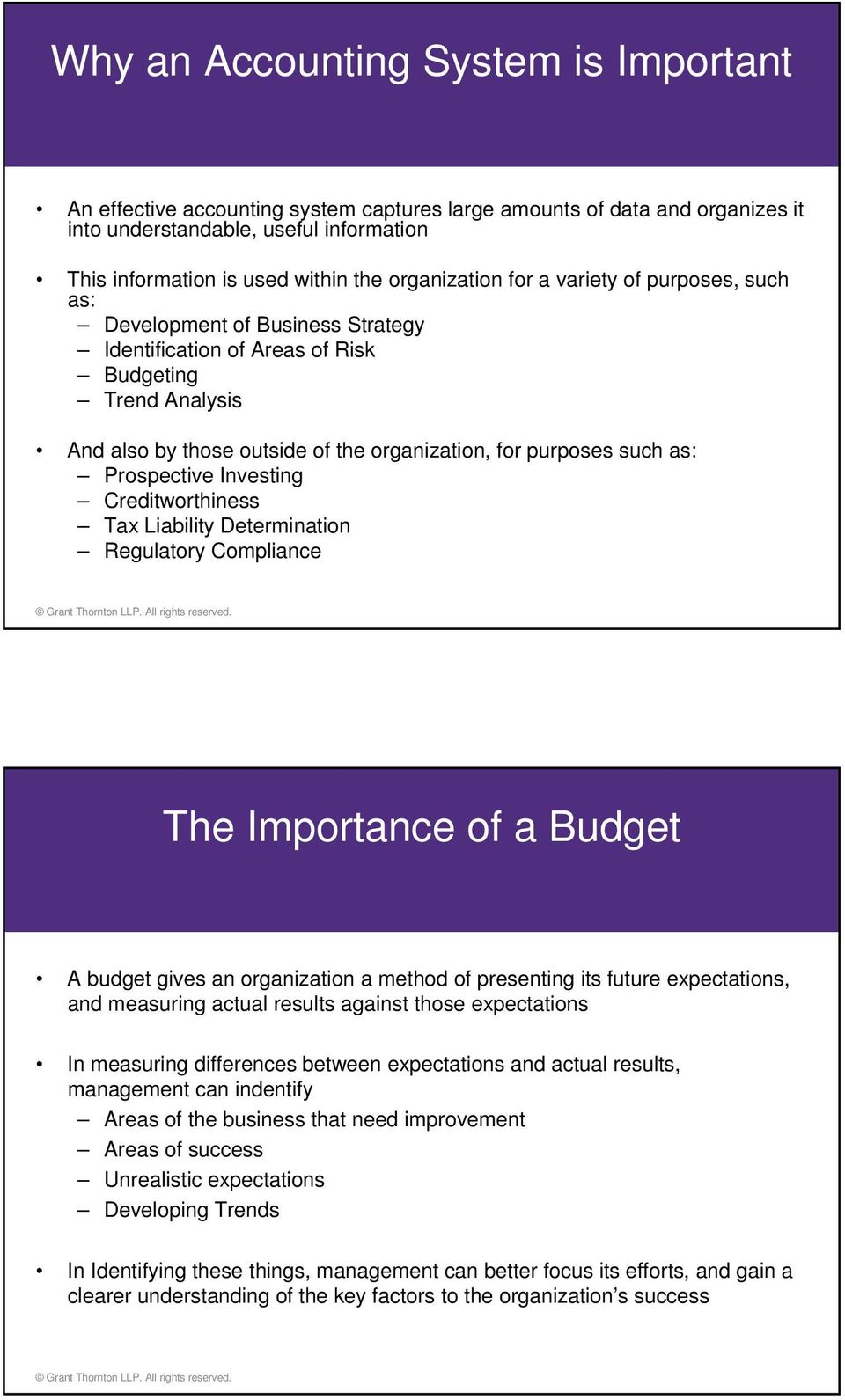 such as: Prospective Investing Creditworthiness Tax Liability Determination Regulatory Compliance The Importance of a Budget A budget gives an organization a method of presenting its future