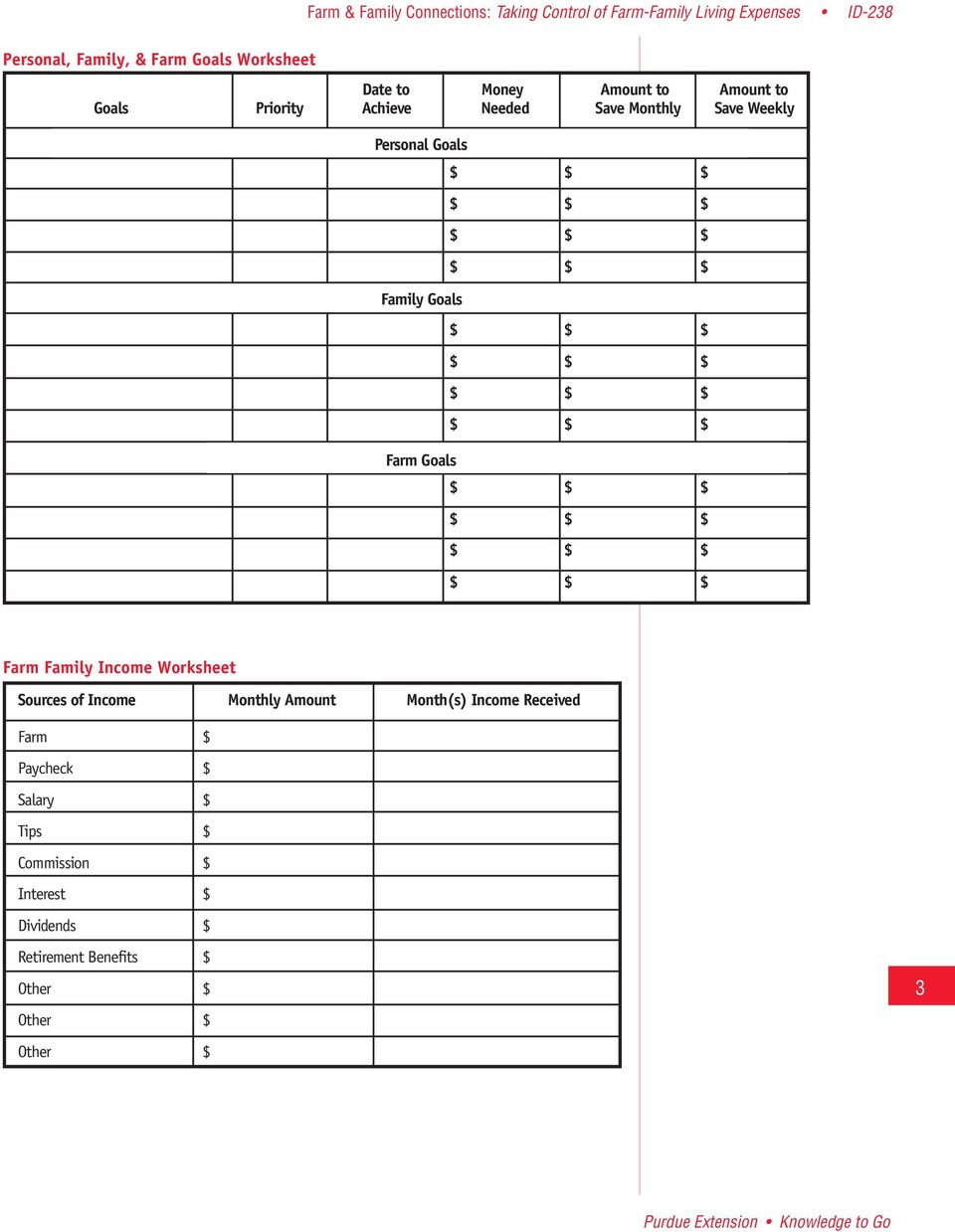 Farm Family Income Worksheet Sources of Income Monthly Amount Month(s) Income Received