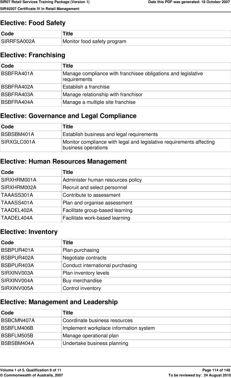 requirements Monitor compliance with legal and legislative requirements affecting business operations Elective: Human Resources Management SIRXHRM001A SIRXHRM002A TAAASS301A TAAASS401A TAADEL402A