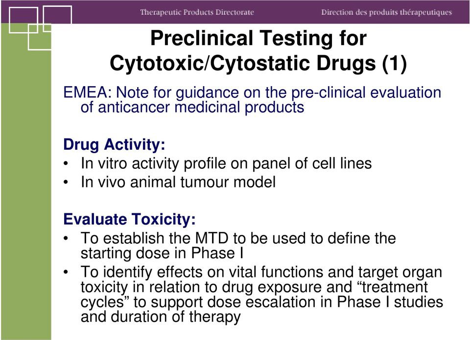 Toxicity: To establish the MTD to be used to define the starting dose in Phase I To identify effects on vital functions and