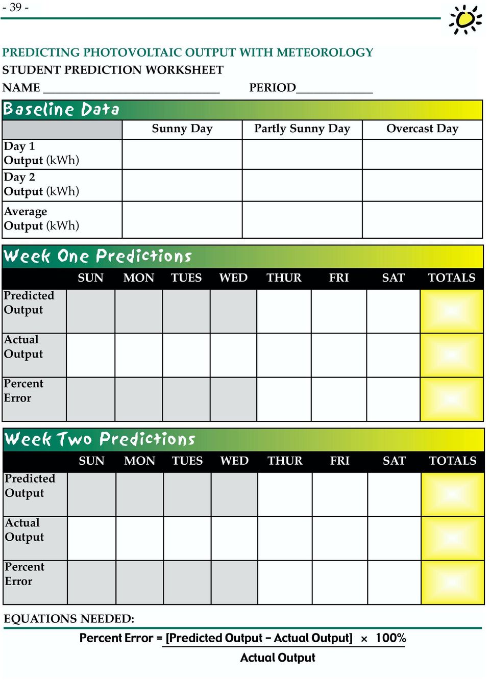 Partly Sunny Day Overcast Day SUN MON TUES WED THUR FRI SAT TOTALS Week Two Predictions Predicted Output Actual Output
