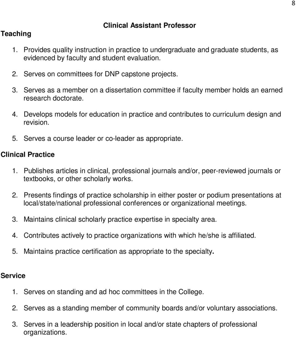 Develops models for education in practice and contributes to curriculum design and revision. 5. Serves a course leader or co-leader as appropriate. Clinical Practice 1.