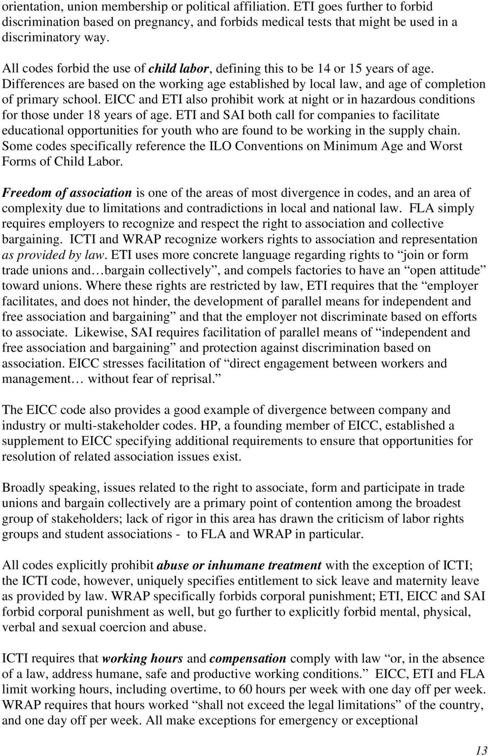 EICC and ETI also prohibit work at night or in hazardous conditions for those under 18 years of age.