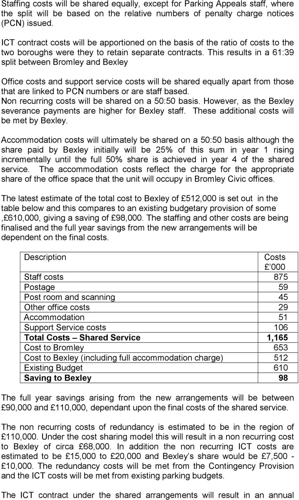 This results in a 61:39 split between Bromley and Bexley Office costs and support service costs will be shared equally apart from those that are linked to PCN numbers or are staff based.