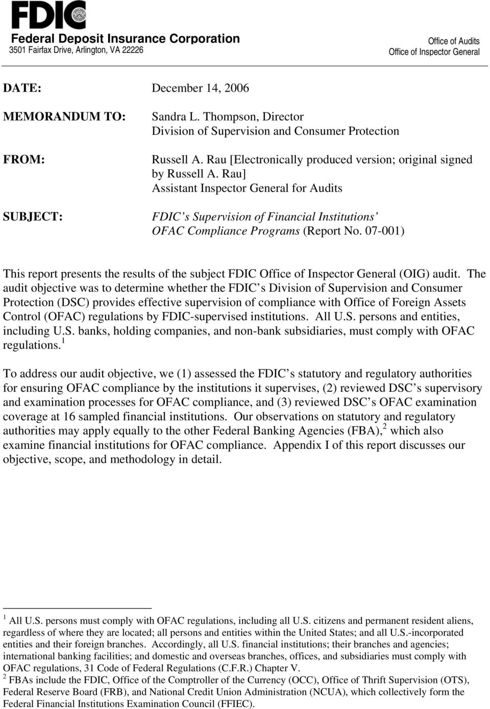 Rau] Assistant Inspector General for Audits FDIC s Supervision of Financial Institutions OFAC Compliance Programs (Report No.
