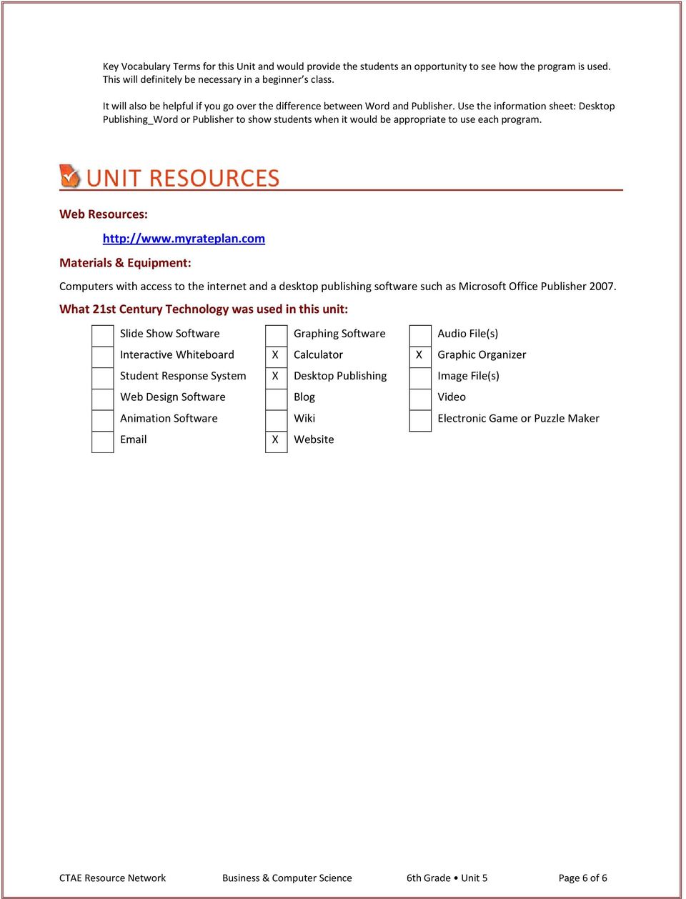 Use the information sheet: Desktop Publishing_Word or Publisher to show students when it would be appropriate to use each program. Web Resources: http://www.myrateplan.