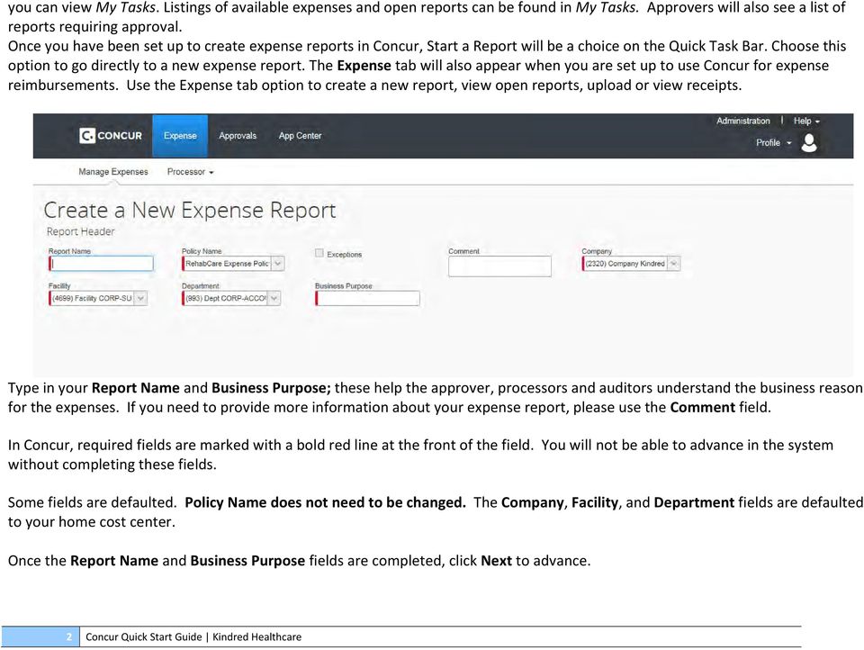 The Expense tab will also appear when you are set up to use Concur for expense reimbursements. Use the Expense tab option to create a new report, view open reports, upload or view receipts.