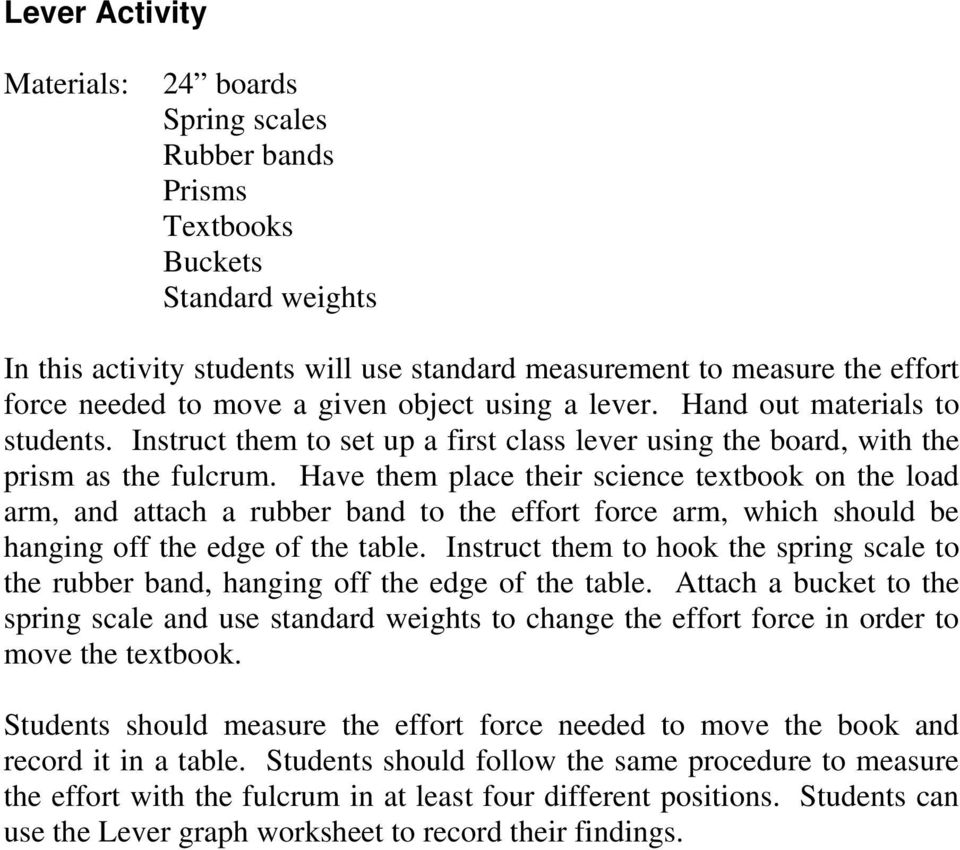 Have them place their science textbook on the load arm, and attach a rubber band to the effort force arm, which should be hanging off the edge of the table.