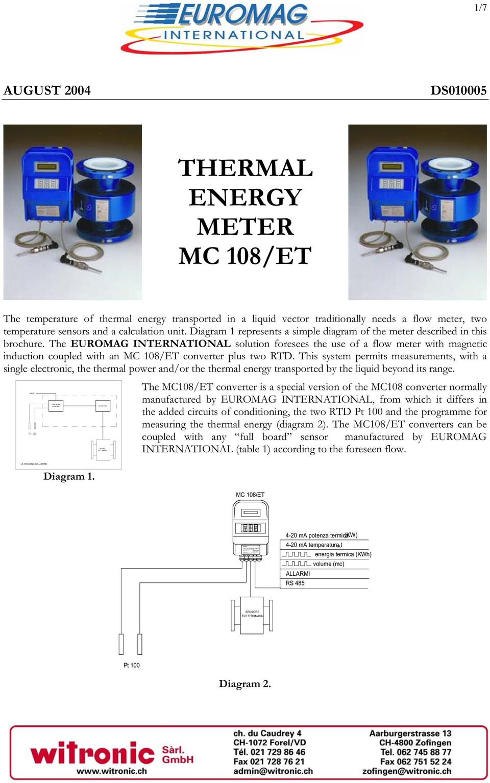 .. 1/7 THERMAL ENERGY METER MC 108/ET The temperature of thermal energy transported in a liquid vector traditionally needs a flow meter, two temperature sensors and a calculation unit.