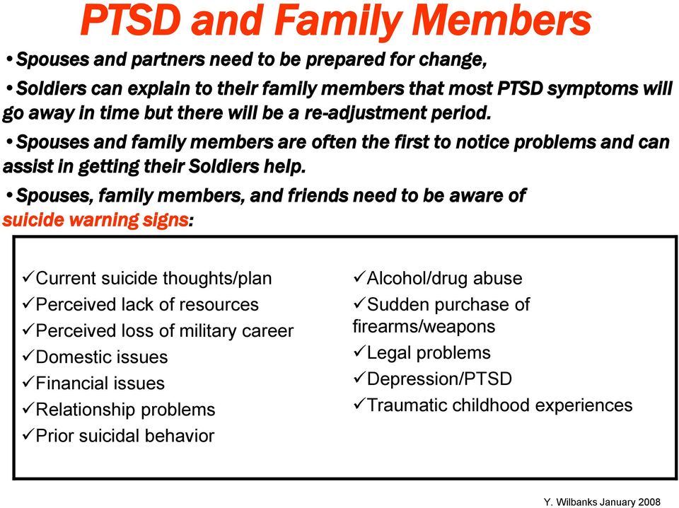 Spouses, family members, and friends need to be aware of suicide warning signs: Current suicide thoughts/plan Perceived lack of resources Perceived loss of military career